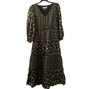 Anthropologie Womens Black & White Floral Tiered Long Dress Size 4